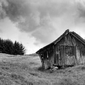 Landschaftsfoto schwarz-weiß | windschiefe Hütte im Allgäu