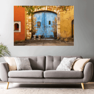 Foto bunte Fassade und blaues Tor in Roussillon